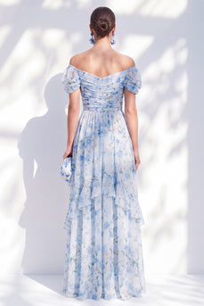Floral Blue A Line Long Off The Shoulder Ruffled Mother of the Bride Dress with Sleeves