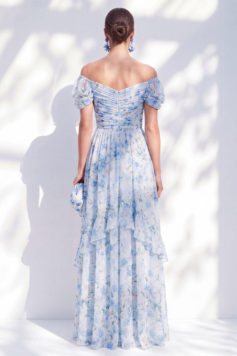 Load image into Gallery viewer, Floral Blue A Line Long Off The Shoulder Ruffled Mother of the Bride Dress with Sleeves