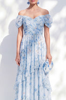 Load image into Gallery viewer, Floral Blue A Line Long Off The Shoulder Ruffled Mother of the Bride Dress with Sleeves