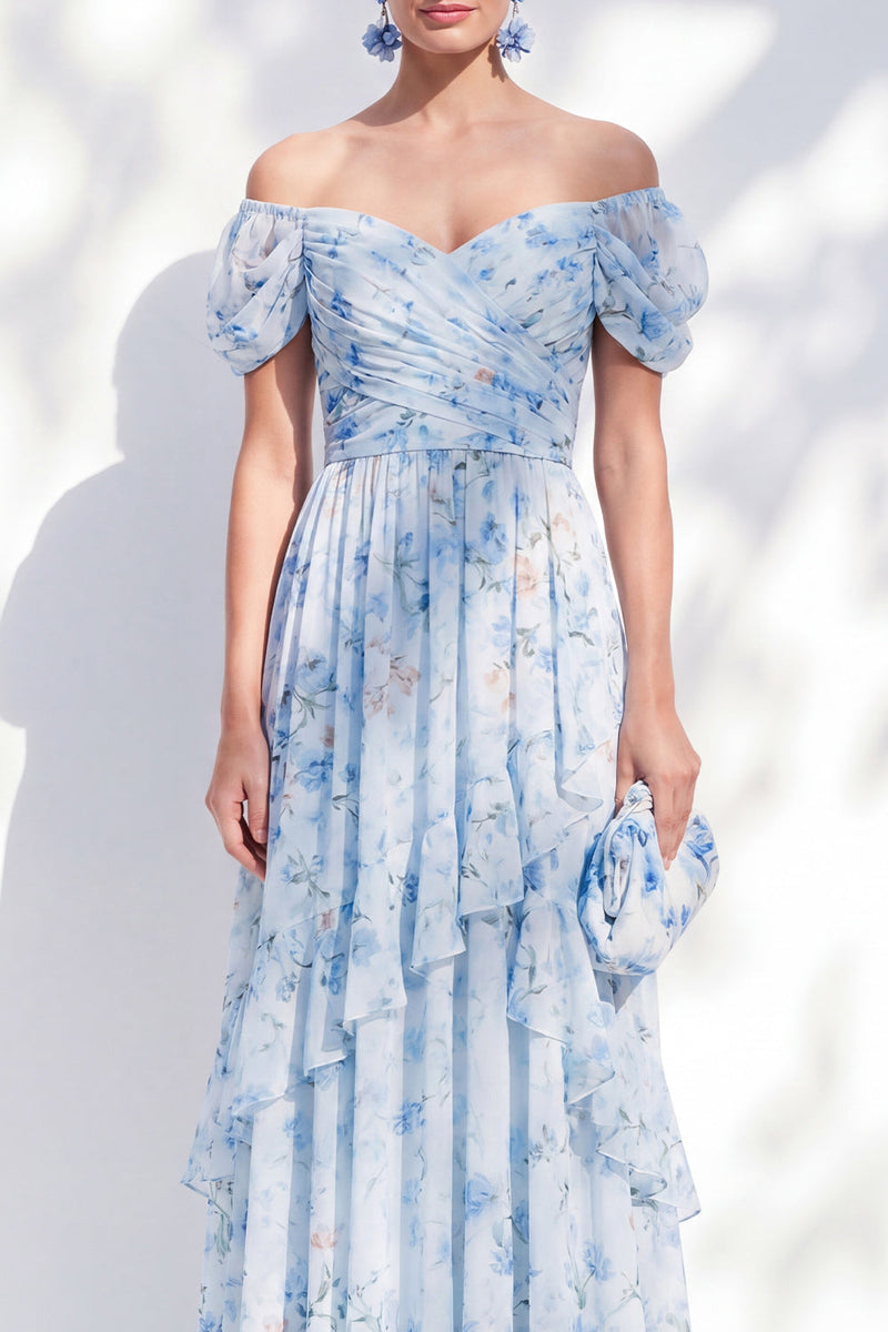 Load image into Gallery viewer, Floral Blue A Line Long Off The Shoulder Ruffled Mother of the Bride Dress with Sleeves