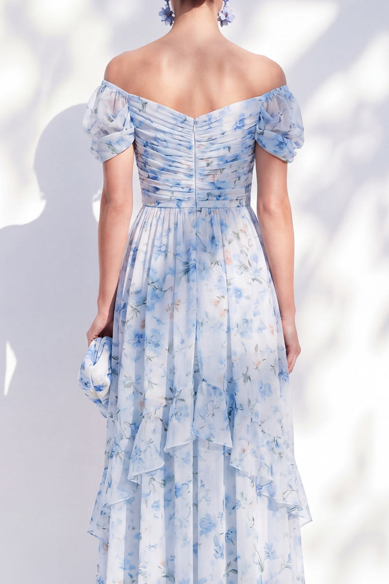 Load image into Gallery viewer, Floral Blue A Line Long Off The Shoulder Ruffled Mother of the Bride Dress with Sleeves