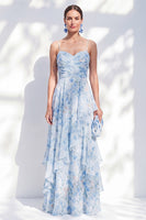 Load image into Gallery viewer, Floral Blue A Line Long Spaghetti Straps Mother of the Bride Dress with Ruffles