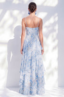 Load image into Gallery viewer, Floral Blue A Line Long Spaghetti Straps Mother of the Bride Dress with Ruffles