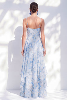 Floral Blue A Line Long Spaghetti Straps Mother of the Bride Dress with Ruffles