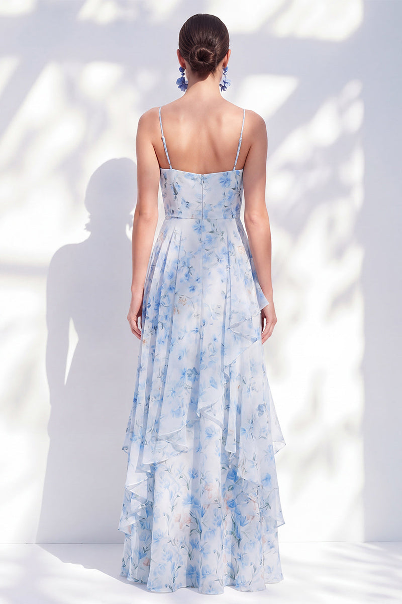Load image into Gallery viewer, Floral Blue A Line Long Spaghetti Straps Mother of the Bride Dress with Ruffles