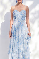 Load image into Gallery viewer, Floral Blue A Line Long Spaghetti Straps Mother of the Bride Dress with Ruffles