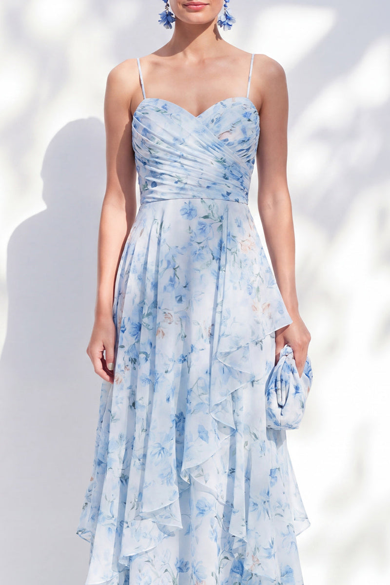 Load image into Gallery viewer, Floral Blue A Line Long Spaghetti Straps Mother of the Bride Dress with Ruffles