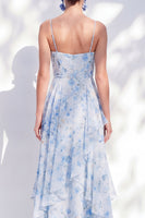 Load image into Gallery viewer, Floral Blue A Line Long Spaghetti Straps Mother of the Bride Dress with Ruffles