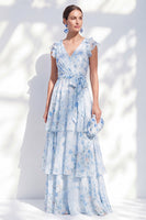 Load image into Gallery viewer, Floral Blue A Line Long V-Neck Mother of the Bride Dress with Sash