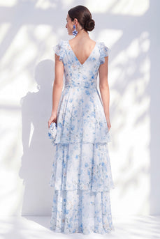Floral Blue A Line Long V-Neck Mother of the Bride Dress with Sash