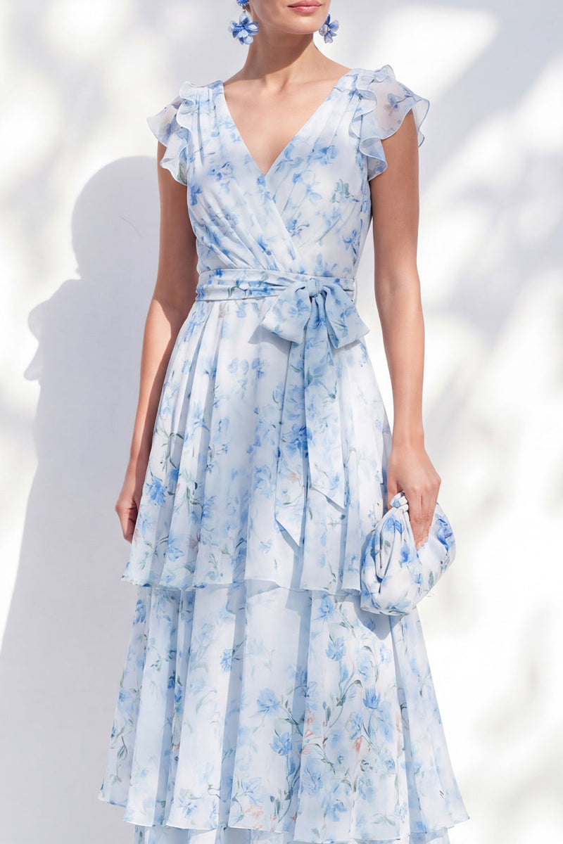 Load image into Gallery viewer, Floral Blue A Line Long V-Neck Mother of the Bride Dress with Sash