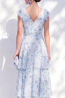 Load image into Gallery viewer, Floral Blue A Line Long V-Neck Mother of the Bride Dress with Sash