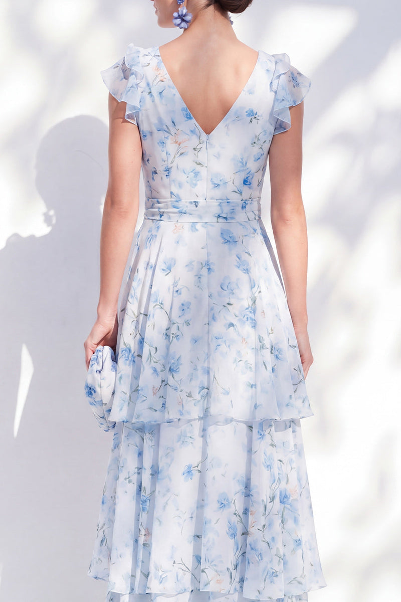Load image into Gallery viewer, Floral Blue A Line Long V-Neck Mother of the Bride Dress with Sash