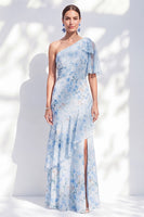 Load image into Gallery viewer, Blue Floral Sheath Ruffled Long One Shoulder Mother of the Bride Dress with Slit
