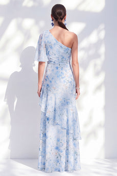 Blue Floral Sheath Ruffled Long One Shoulder Mother of the Bride Dress with Slit
