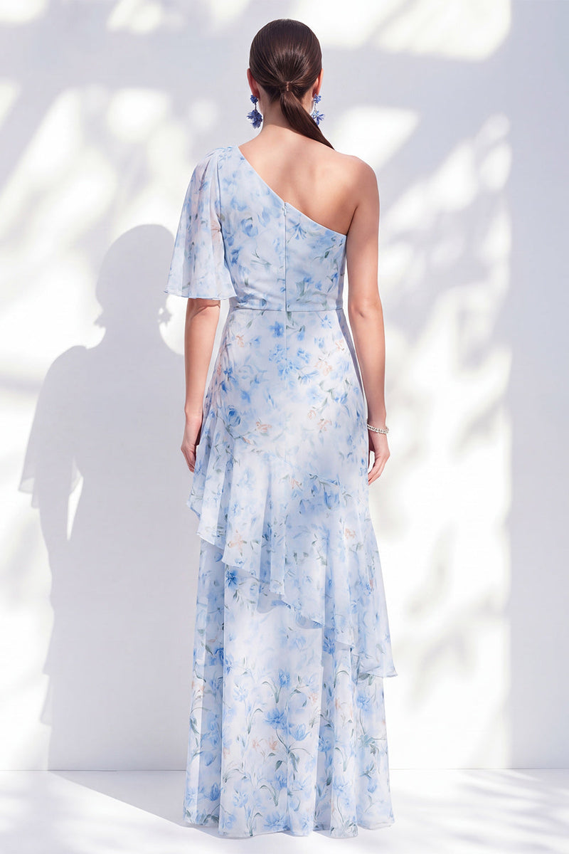 Load image into Gallery viewer, Blue Floral Sheath Ruffled Long One Shoulder Mother of the Bride Dress with Slit