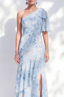 Load image into Gallery viewer, Blue Floral Sheath Ruffled Long One Shoulder Mother of the Bride Dress with Slit