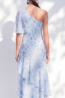 Load image into Gallery viewer, Blue Floral Sheath Ruffled Long One Shoulder Mother of the Bride Dress with Slit