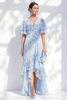 Load image into Gallery viewer, Ruffled Blue Sheath High-Low V-Neck Floral Mother of the Bride Dress with Sleeves
