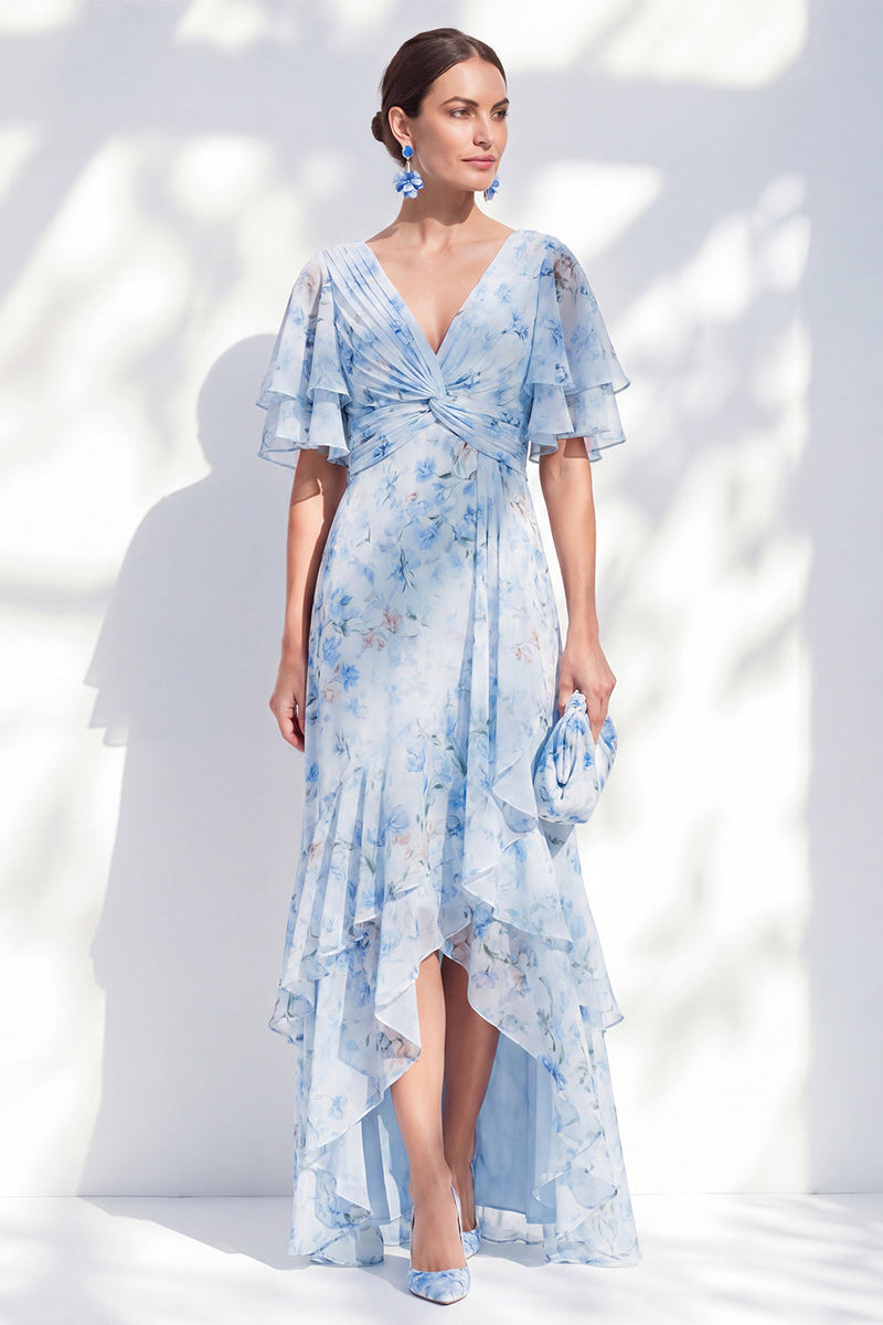 Load image into Gallery viewer, Ruffled Blue Sheath High-Low V-Neck Floral Mother of the Bride Dress with Sleeves