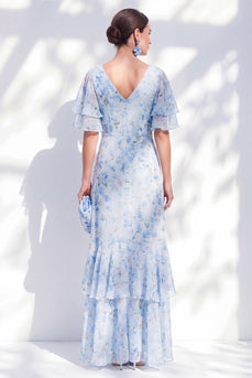 Ruffled Blue Sheath High-Low V-Neck Floral Mother of the Bride Dress with Sleeves