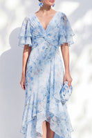 Load image into Gallery viewer, Ruffled Blue Sheath High-Low V-Neck Floral Mother of the Bride Dress with Sleeves