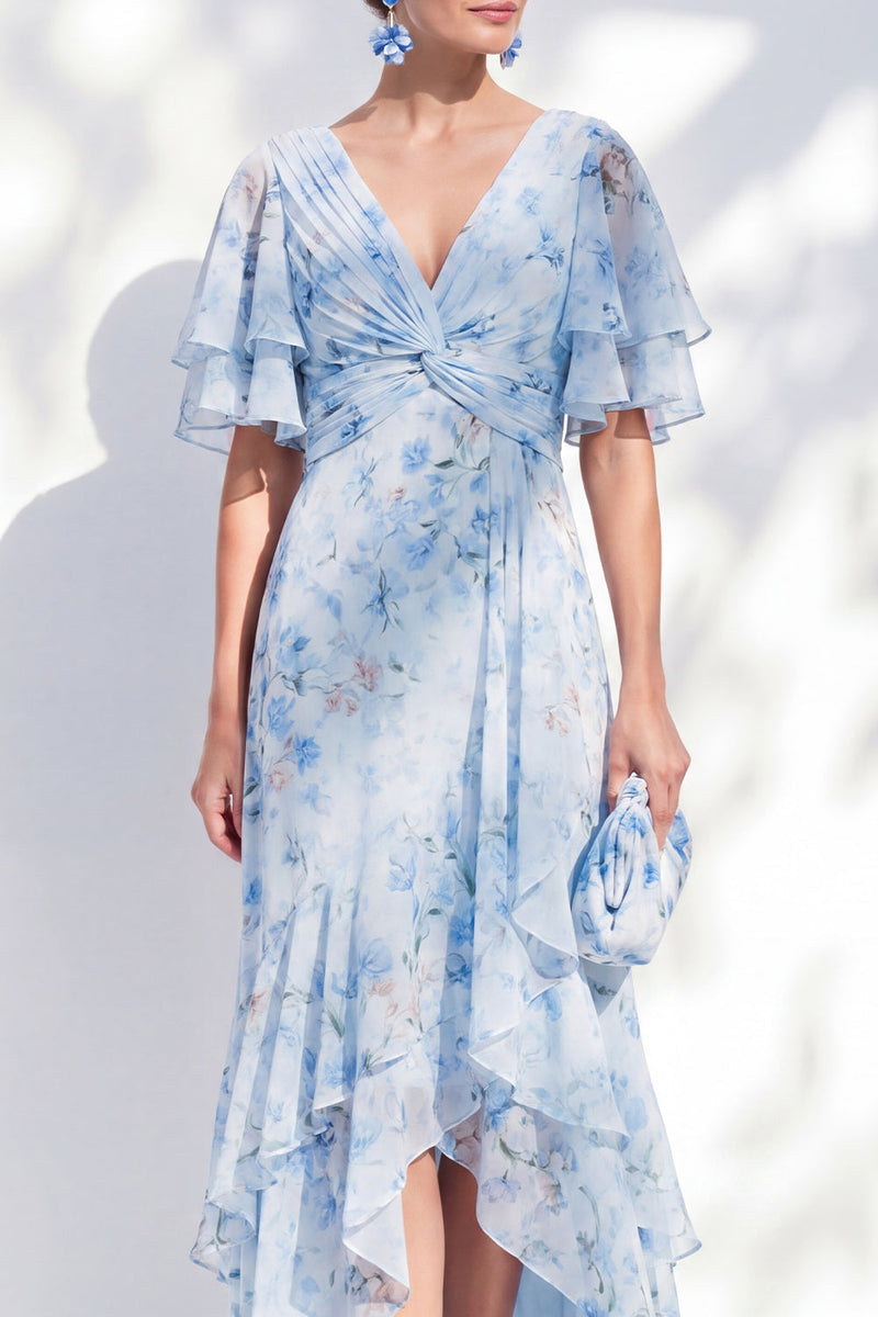 Load image into Gallery viewer, Ruffled Blue Sheath High-Low V-Neck Floral Mother of the Bride Dress with Sleeves