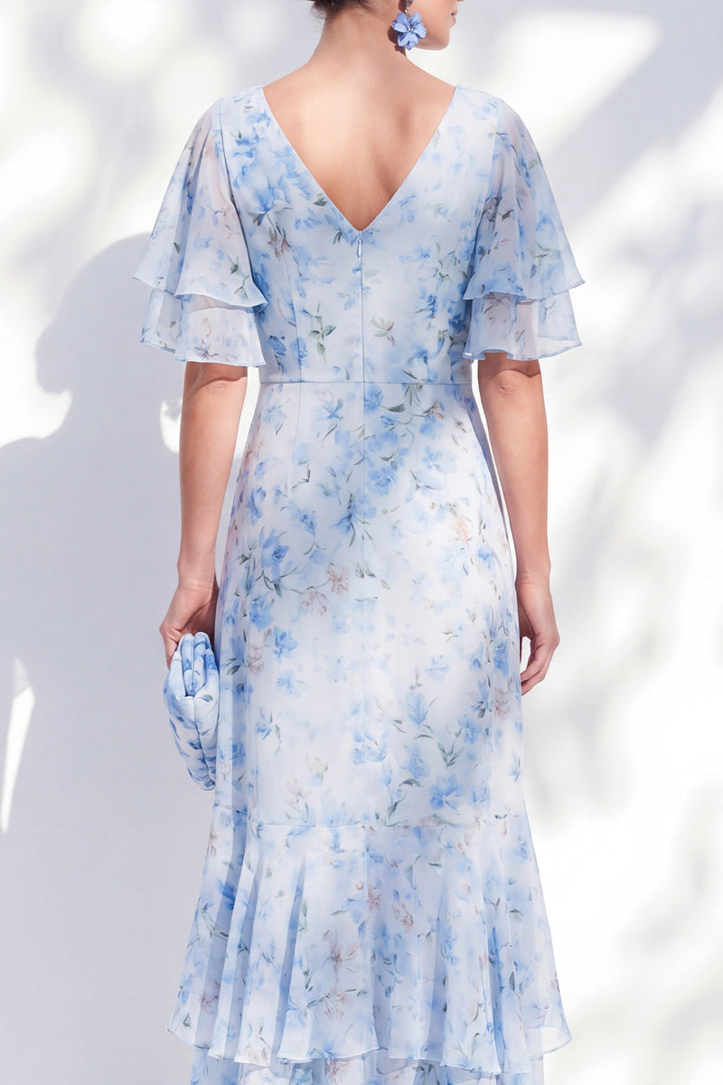 Load image into Gallery viewer, Ruffled Blue Sheath High-Low V-Neck Floral Mother of the Bride Dress with Sleeves