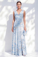 Load image into Gallery viewer, Blue A Line Floral Long V-Neck Mother of the Bride Dress with Slit