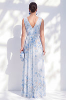 Load image into Gallery viewer, Blue A Line Floral Long V-Neck Mother of the Bride Dress with Slit