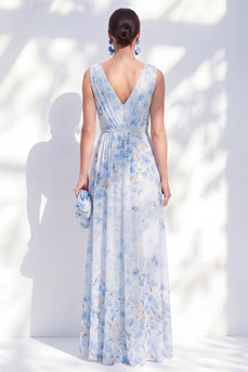 Blue A Line Floral Long V-Neck Mother of the Bride Dress with Slit