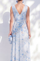 Load image into Gallery viewer, Blue A Line Floral Long V-Neck Mother of the Bride Dress with Slit