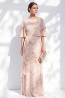 Load image into Gallery viewer, Champagne Ruffled Sheath Long Bateau Neck Floral Mother of the Bride Dress