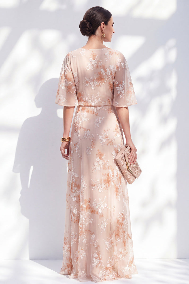 Load image into Gallery viewer, Champagne Ruffled Sheath Long Bateau Neck Floral Mother of the Bride Dress