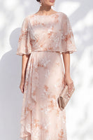 Load image into Gallery viewer, Champagne Ruffled Sheath Long Bateau Neck Floral Mother of the Bride Dress