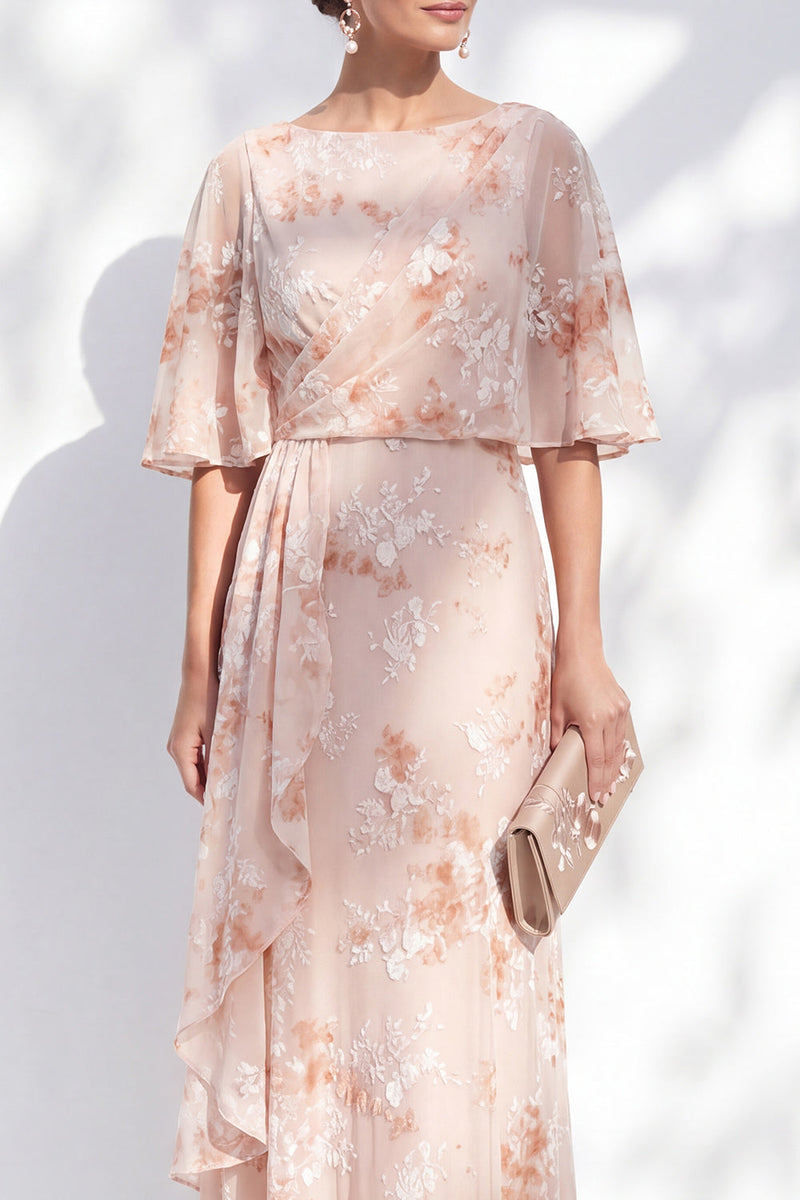 Load image into Gallery viewer, Champagne Ruffled Sheath Long Bateau Neck Floral Mother of the Bride Dress