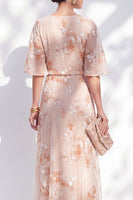 Load image into Gallery viewer, Champagne Ruffled Sheath Long Bateau Neck Floral Mother of the Bride Dress