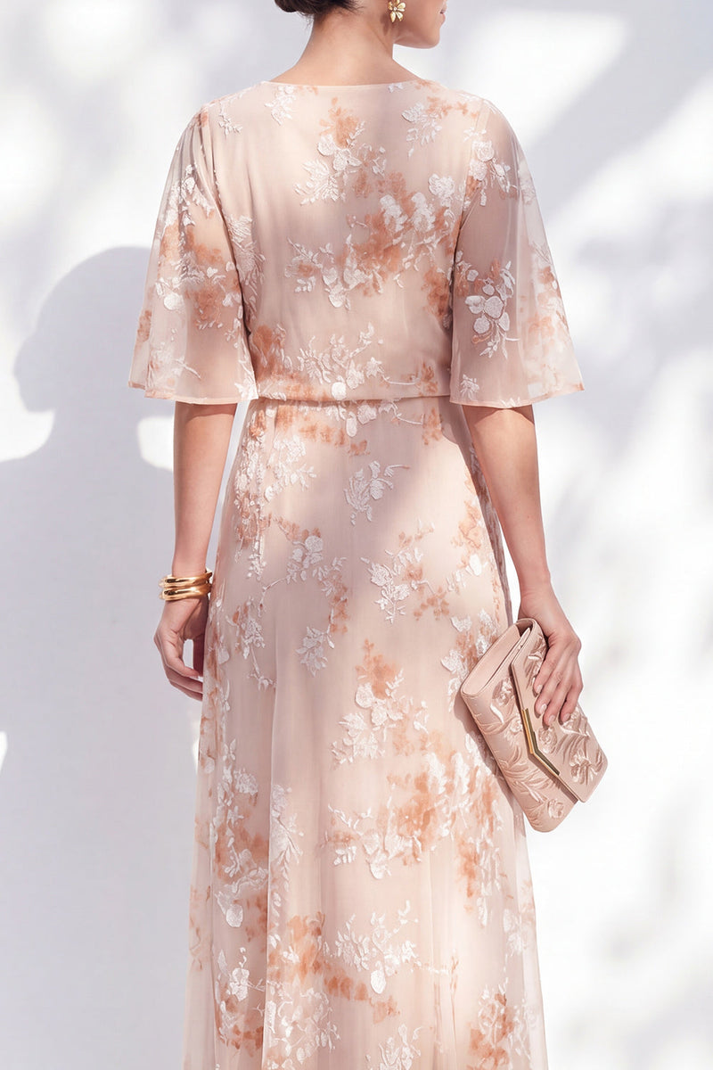 Load image into Gallery viewer, Champagne Ruffled Sheath Long Bateau Neck Floral Mother of the Bride Dress