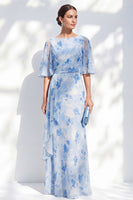 Load image into Gallery viewer, Light Blue Sheath Floral Long Bateau Neck Mother of the Bride Dress