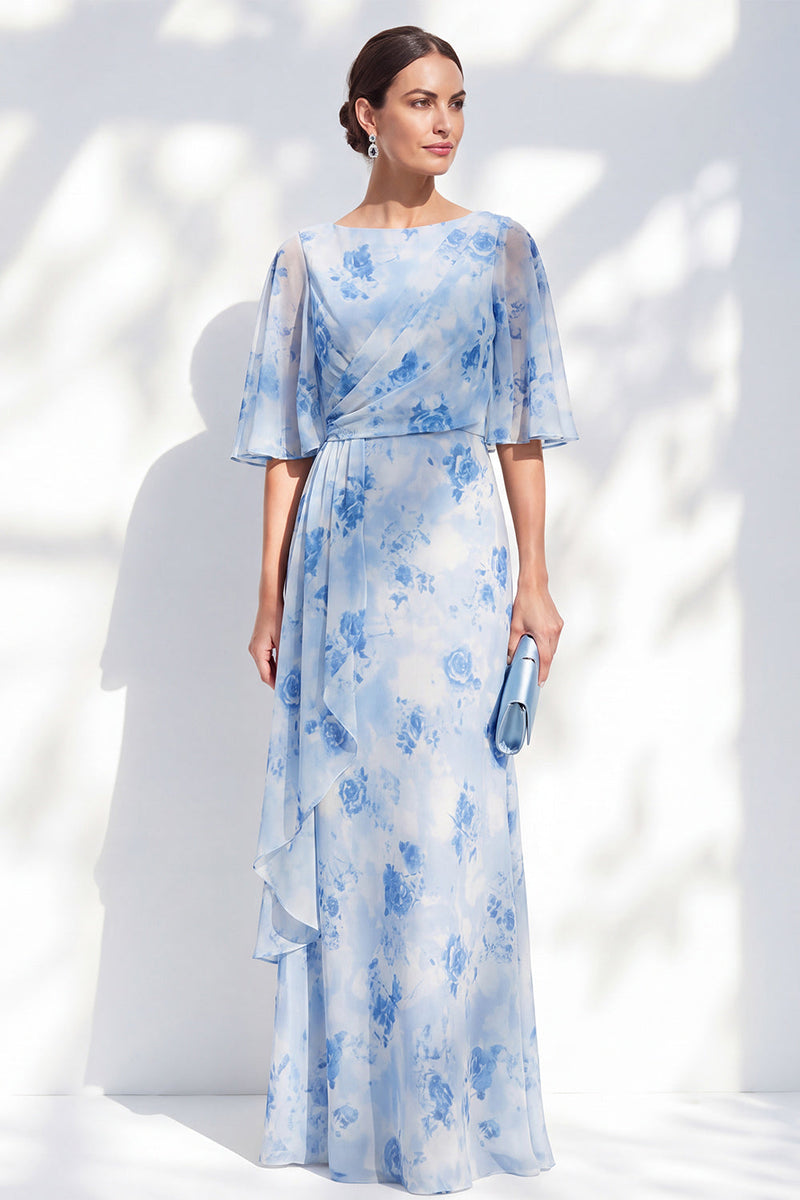 Load image into Gallery viewer, Light Blue Sheath Floral Long Bateau Neck Mother of the Bride Dress