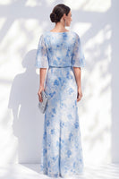 Load image into Gallery viewer, Light Blue Sheath Floral Long Bateau Neck Mother of the Bride Dress
