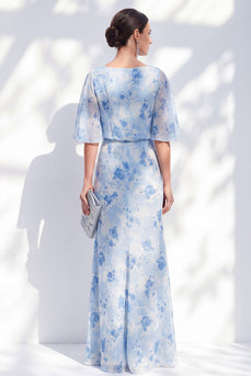 Light Blue Sheath Floral Long Bateau Neck Mother of the Bride Dress