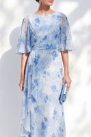 Load image into Gallery viewer, Light Blue Sheath Floral Long Bateau Neck Mother of the Bride Dress
