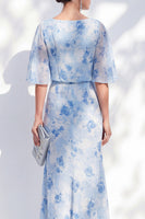 Load image into Gallery viewer, Light Blue Sheath Floral Long Bateau Neck Mother of the Bride Dress