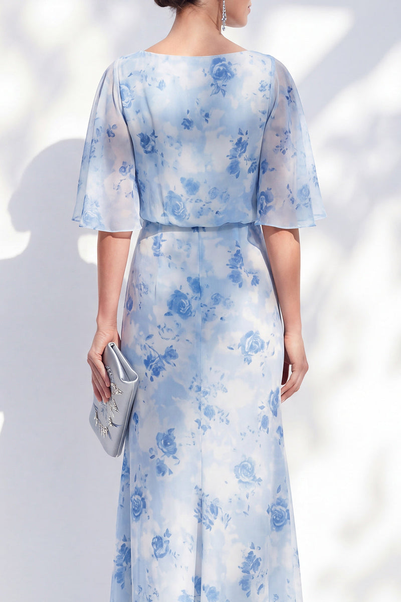 Load image into Gallery viewer, Light Blue Sheath Floral Long Bateau Neck Mother of the Bride Dress