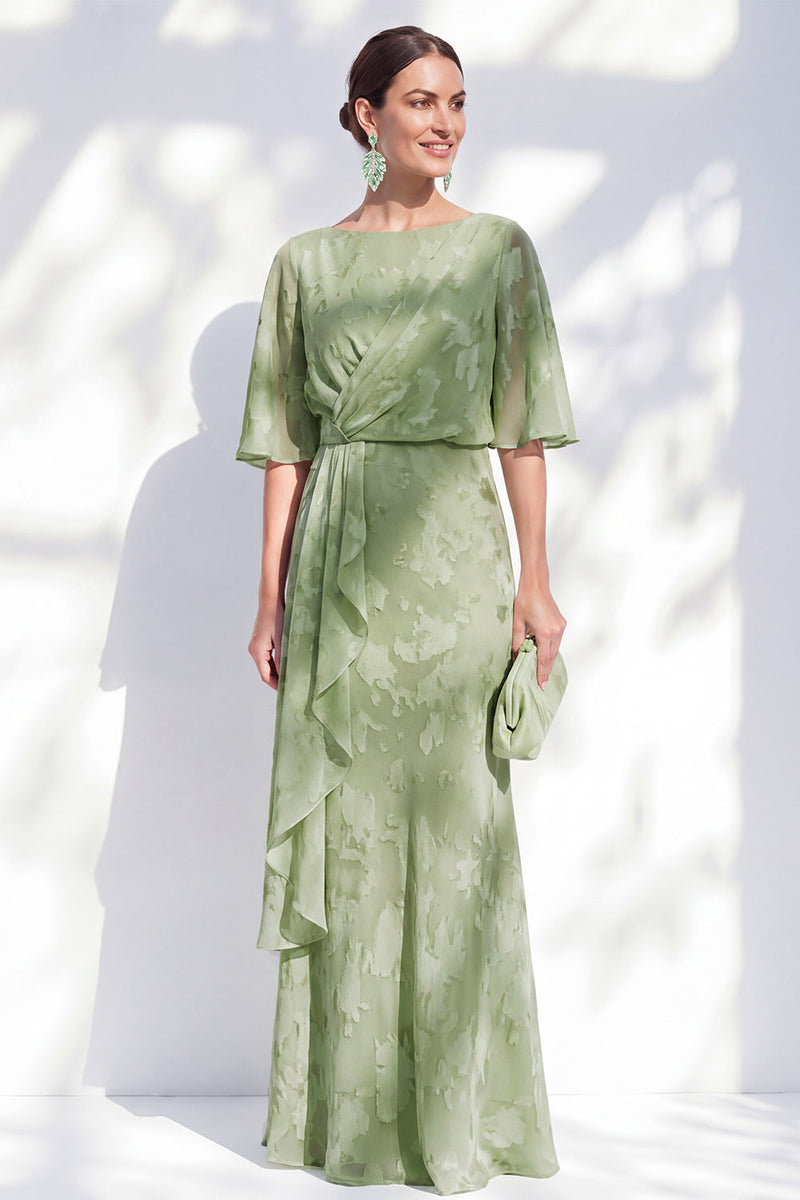 Load image into Gallery viewer, Sage Green Sheath Floral Bateau Neck Long Mother of the Bride Dress