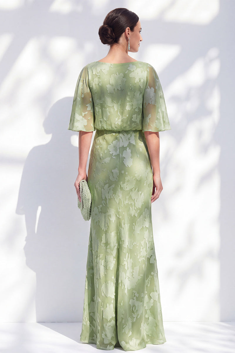Load image into Gallery viewer, Sage Green Sheath Floral Bateau Neck Long Mother of the Bride Dress