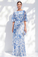 Load image into Gallery viewer, Bateau Neck Long White Blue Flower Sheath Mother of the Bride Dress