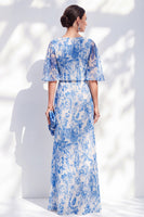 Load image into Gallery viewer, Bateau Neck Long White Blue Flower Sheath Mother of the Bride Dress