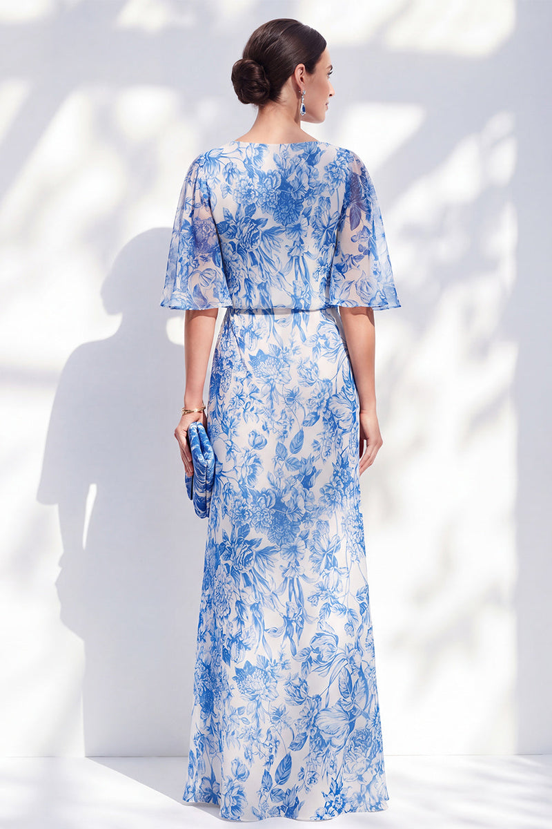 Load image into Gallery viewer, Bateau Neck Long White Blue Flower Sheath Mother of the Bride Dress
